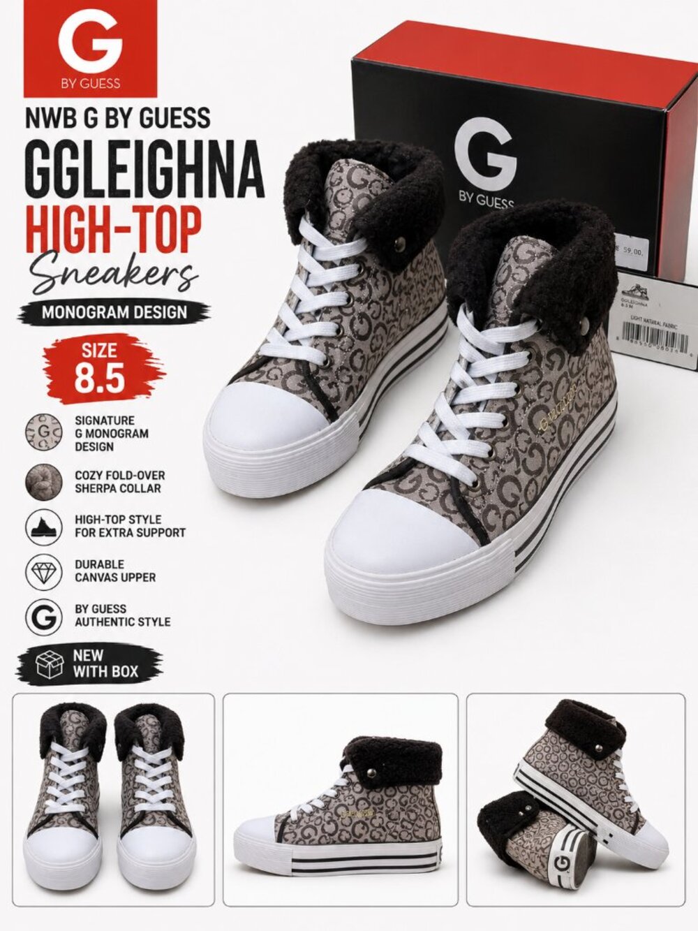 NWB G by Guess GGLEIGHNA Monogram High Top Sneakers Size 8.5